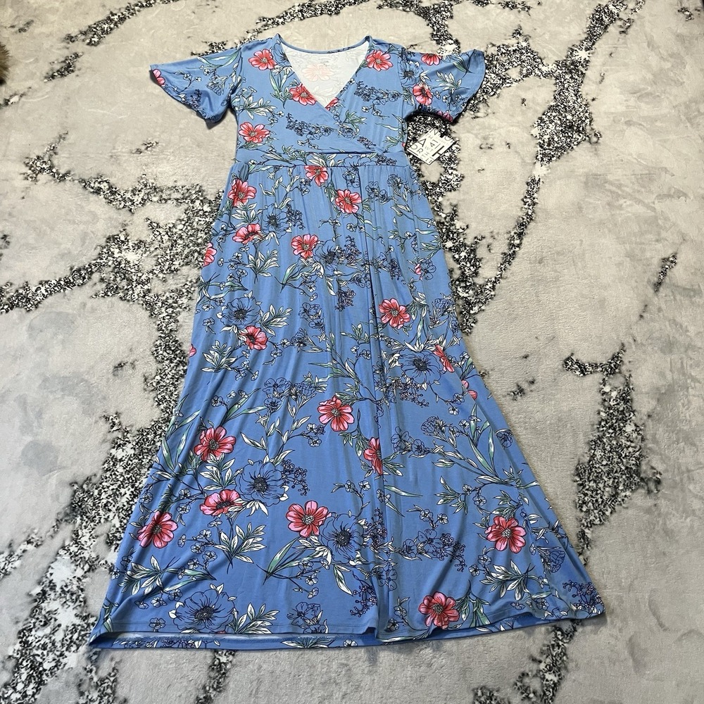 41 Hawthorn Dress Womens Size Small Blue Elisse Knit Surplice Maxi Stretch